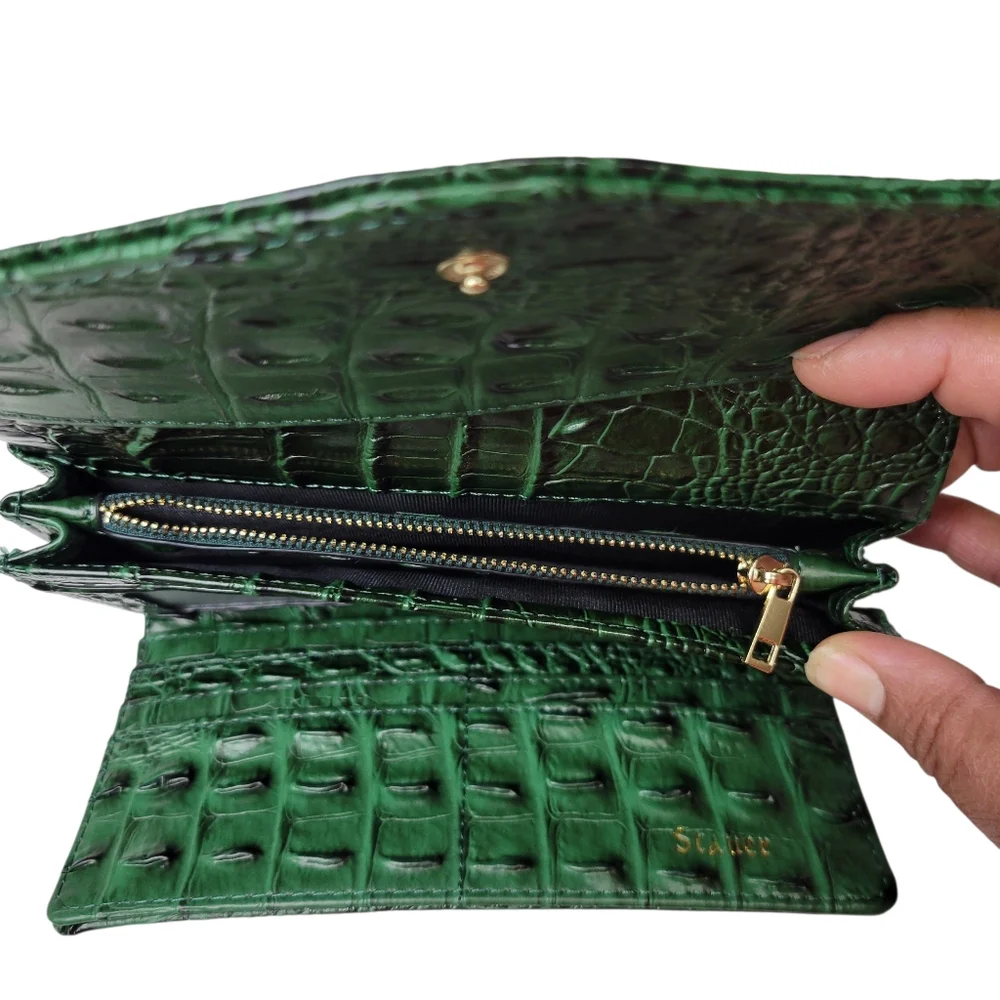 STAUER Emerald Green Croc-Embossed Leather Wallet w/ Gold Medallion